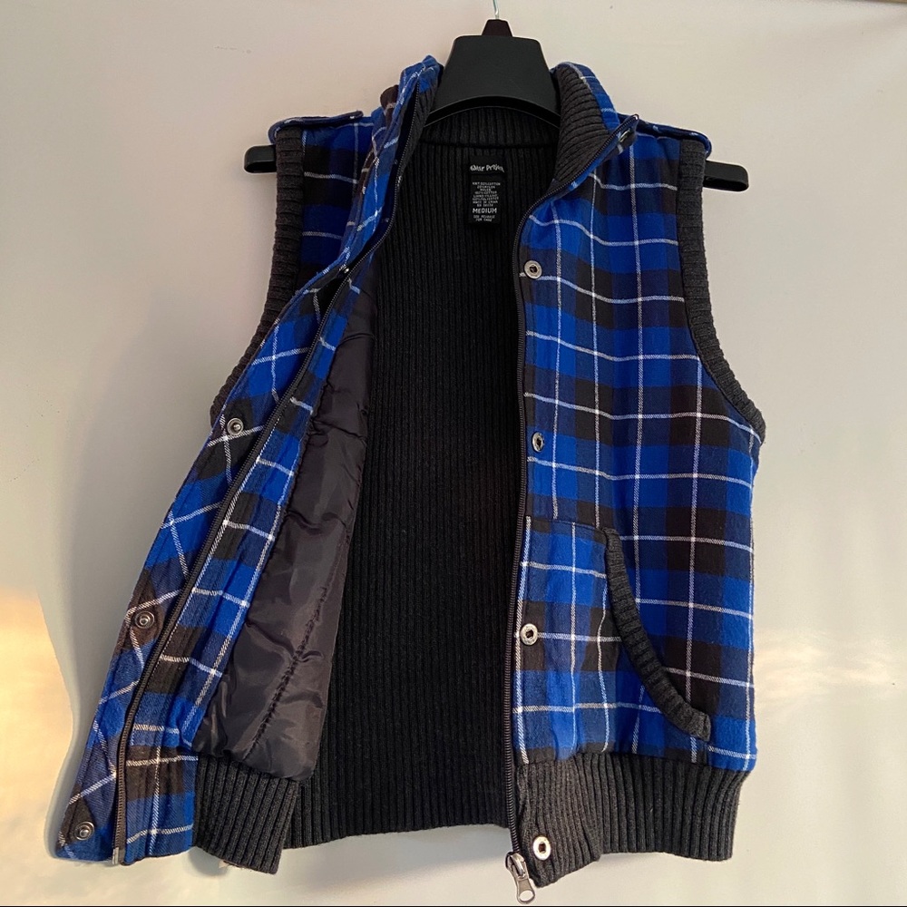 Sweater Project Full ZIP Quilted Vest Blue Plaid Flannel Vest size Medium